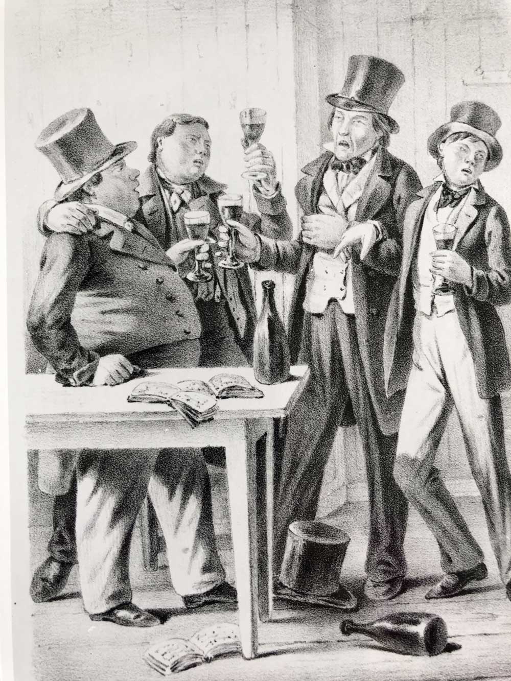 Män i hög hatt står runt bord med höjda snapsglas. 
