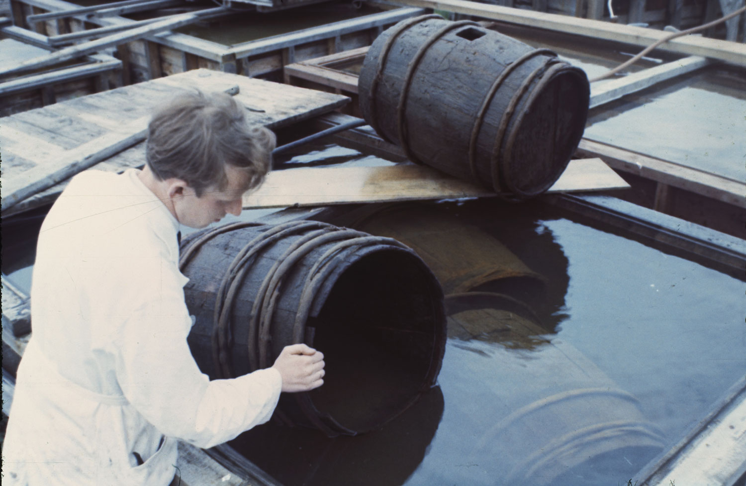 Från Vasaskeppet bärgades flera laggade byttor och tunnor. Här lägger Sven Bengtsson laggade tunnor i kar med vatten för att bevara träet. Foto: Vasamuseet (CC BY-SA).