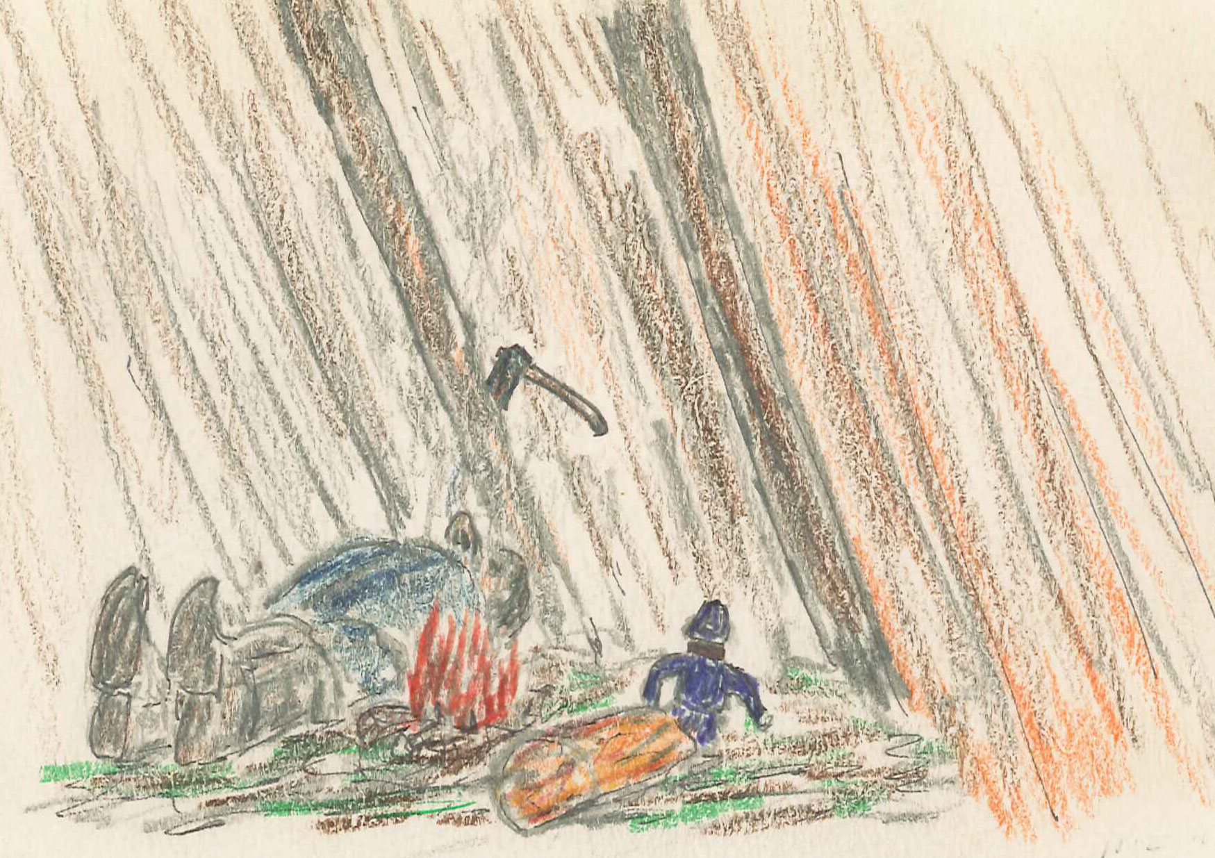 Teckning av jätte som ligger och sover vid en eld samtidigt som en människa kryper ur en stor säck.